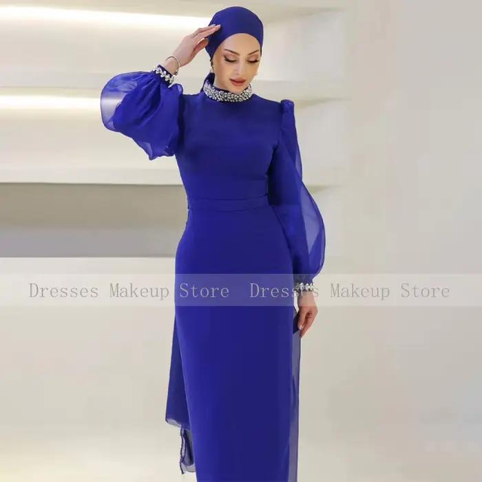 Robes de soirée formelles bleu royal foncé pour femmes, col haut en cristal, colonne, robe de soirée maxi bouffante, manches longues, robe de Rh, 2024