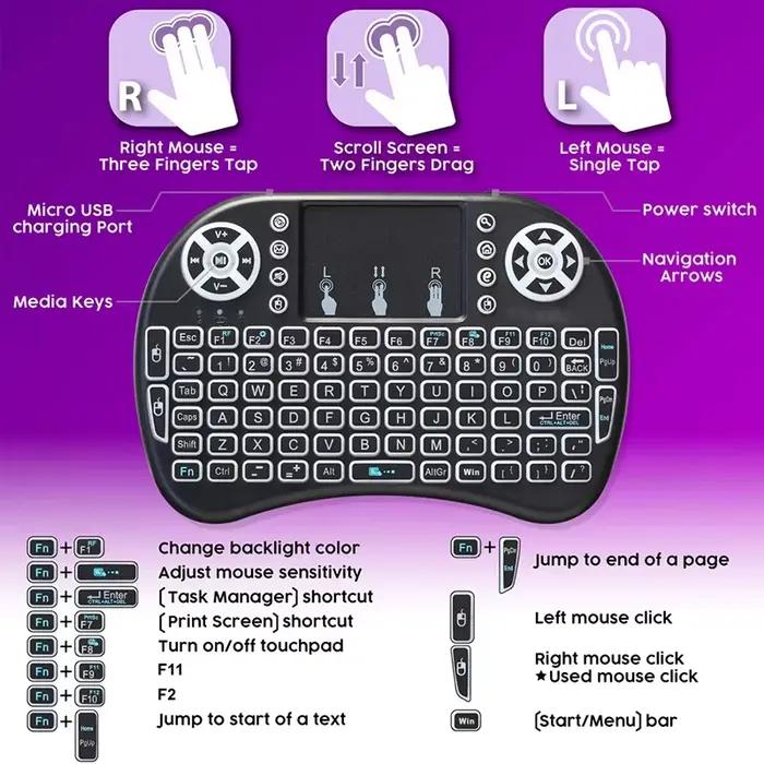 Souris Air avec Clavier Mini Sans Fil Rétroéclairé AZERTY Espagnol Français Portugais Russe Brésilien avec Pavé Tactile pour PC TV Box RGB