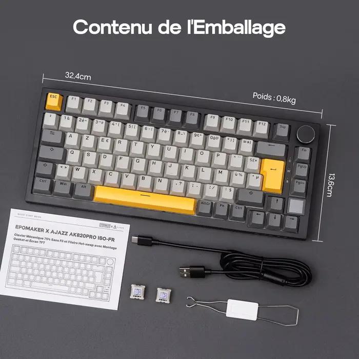 FR Layout EPOMAKER X AJAZZ AK820 PRO 75% AZERTY Français Gasket Wired/Bluetooth/2