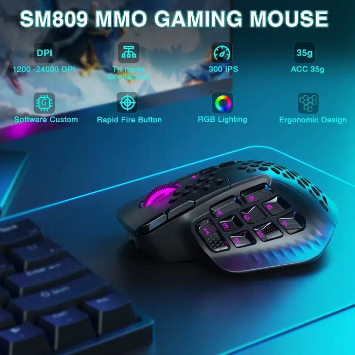 SOLAKAKA SM809 Pro souris de jeu MMO sans fil PAW3311 16 boutons latéraux 24000 DPI rvb nid d'abeille Programmable Macro