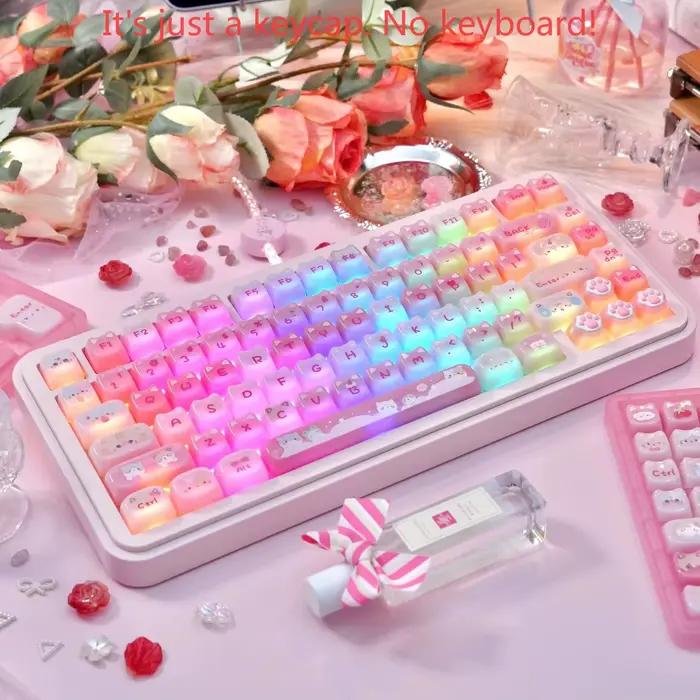 Clavier mécanique MAO Profile Cute Pudding Cat Ear Keycaps 142 touches rose translucide PC pour claviers mécaniques 60/64/84/98/108
