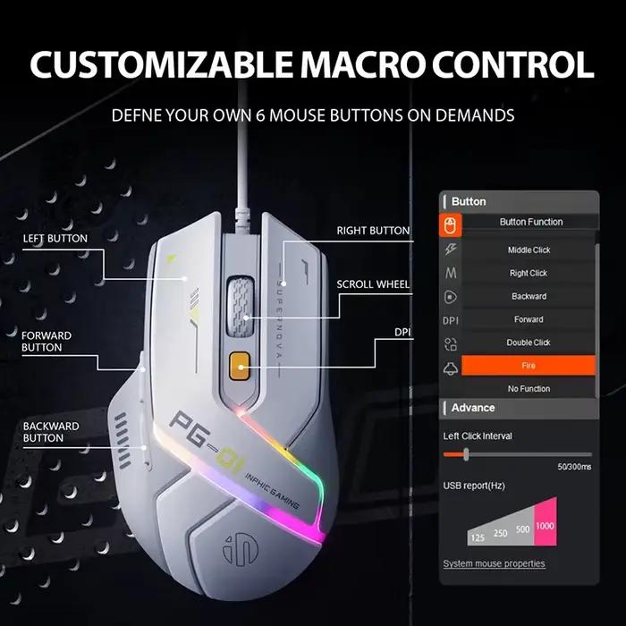 Souris de jeu filaire USB INPHIC PG1 avec rétroéclairage RVB