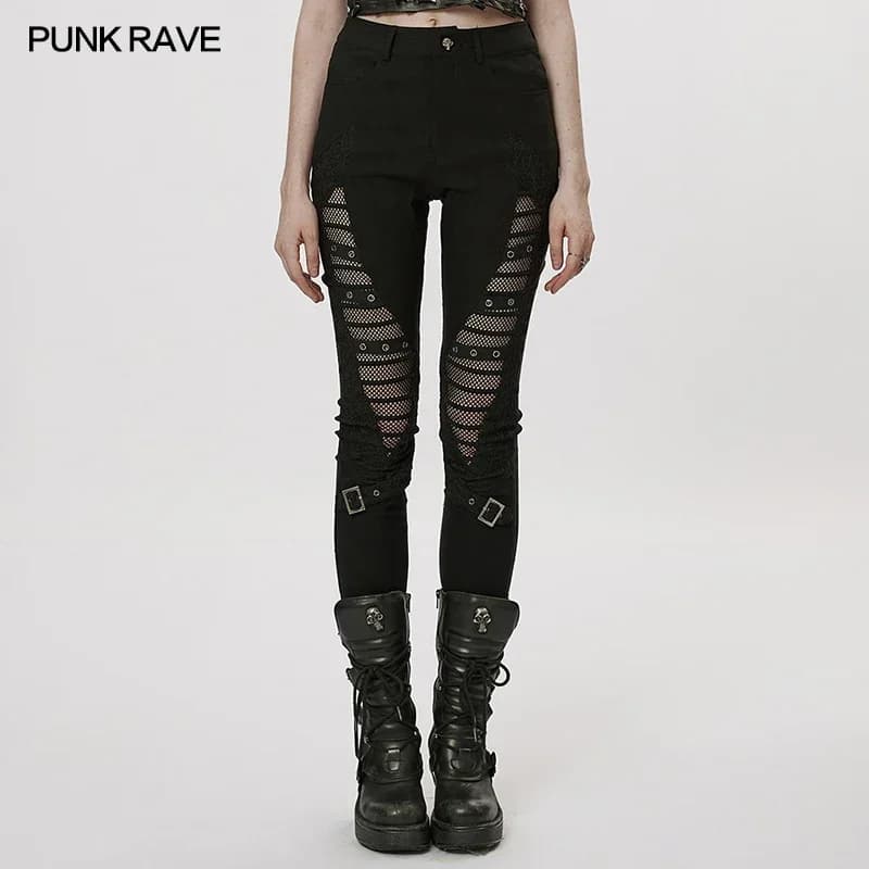 PUNK RAVE-Leggings gothiques évidés pour femmes, collants à œillets, pantalons sexy, personnalité pu